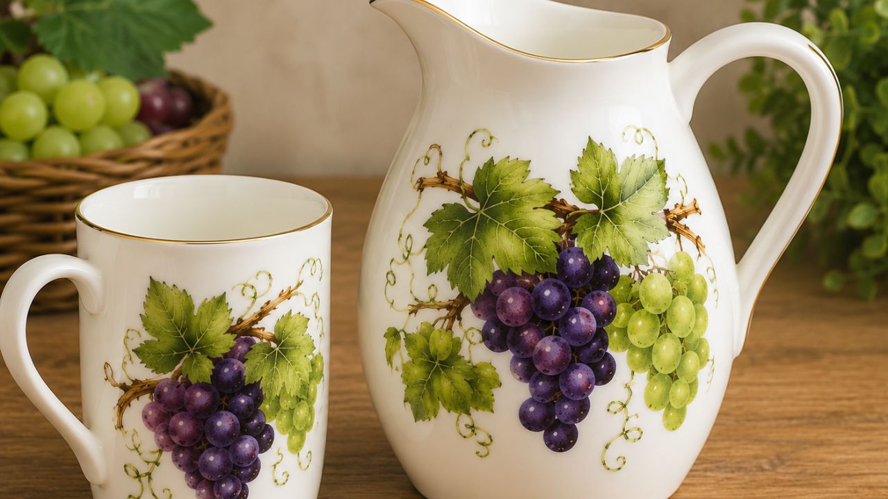 Milk Glass Pitcher with Grapes